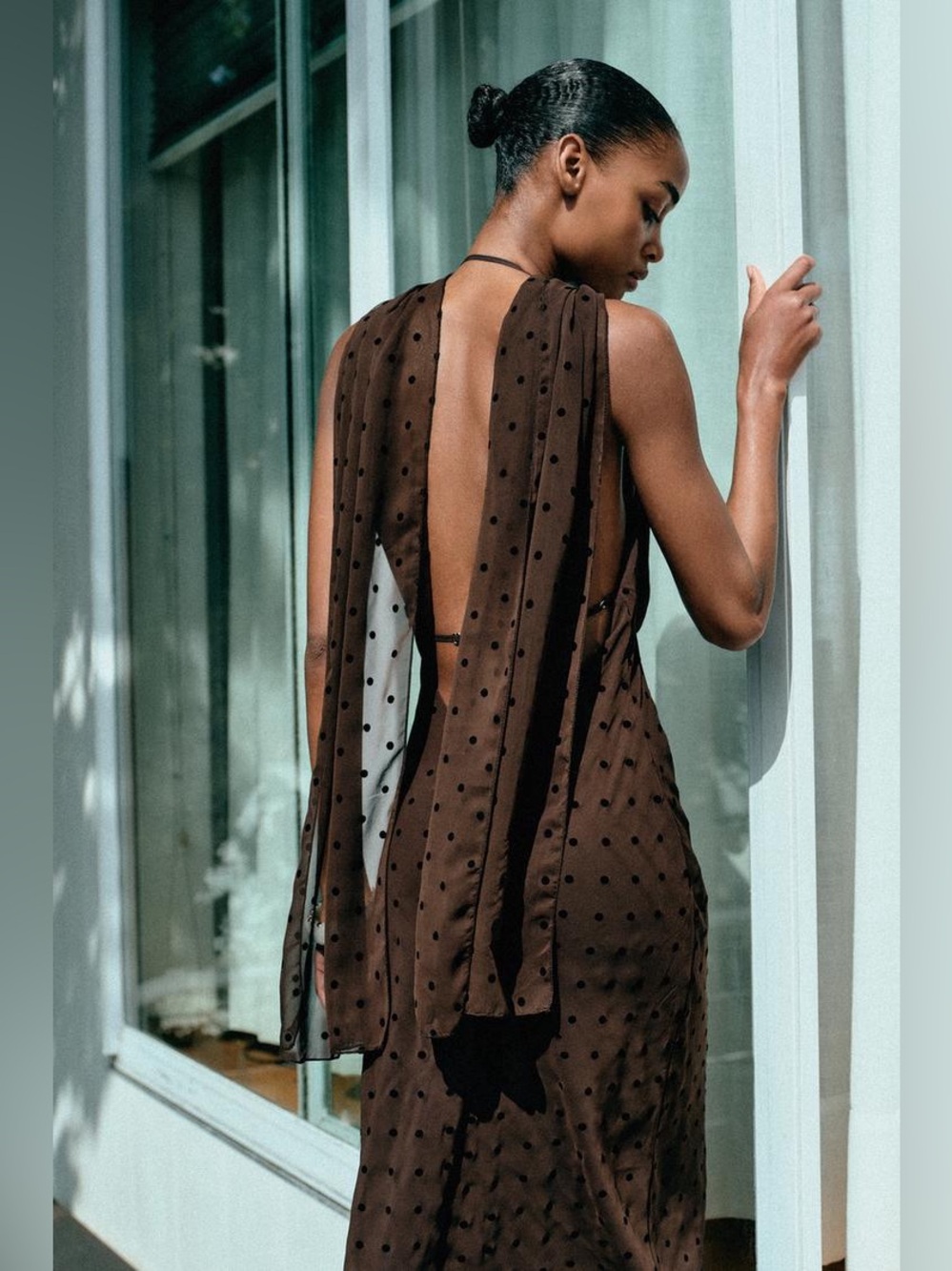 Zara Brown Polka-Dot Halter Maxi Dress w Scarf. M NWT - Picture 4 of 17